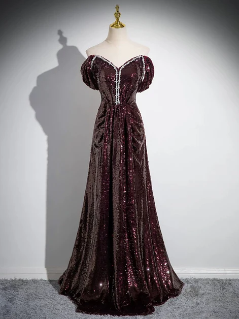 Vestido de fiesta largo con lentejuelas y cuentas, corte A, hombros descubiertos, color granate, sencillo, GG191