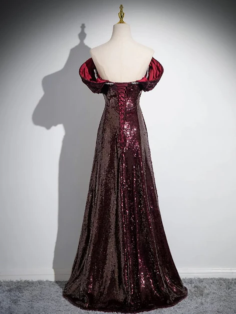 Vestido de fiesta largo con lentejuelas y cuentas, corte A, hombros descubiertos, color granate, sencillo, GG191