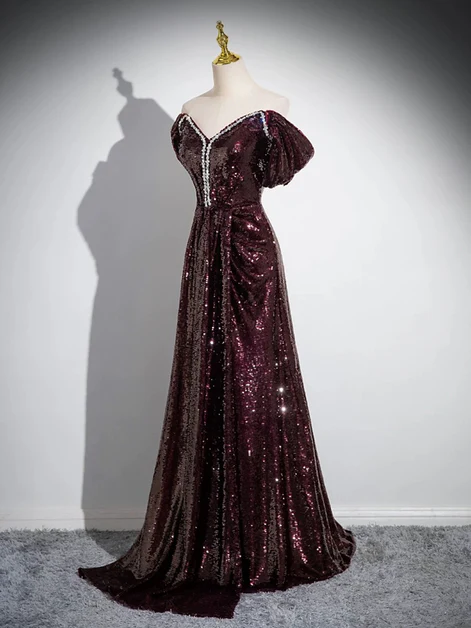 Vestido de fiesta largo con lentejuelas y cuentas, corte A, hombros descubiertos, color granate, sencillo, GG191