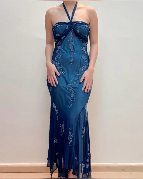 Chic A Line Halter Straps Satin Chiffon Applique Long Prom Dress,Evening Dress GG1962