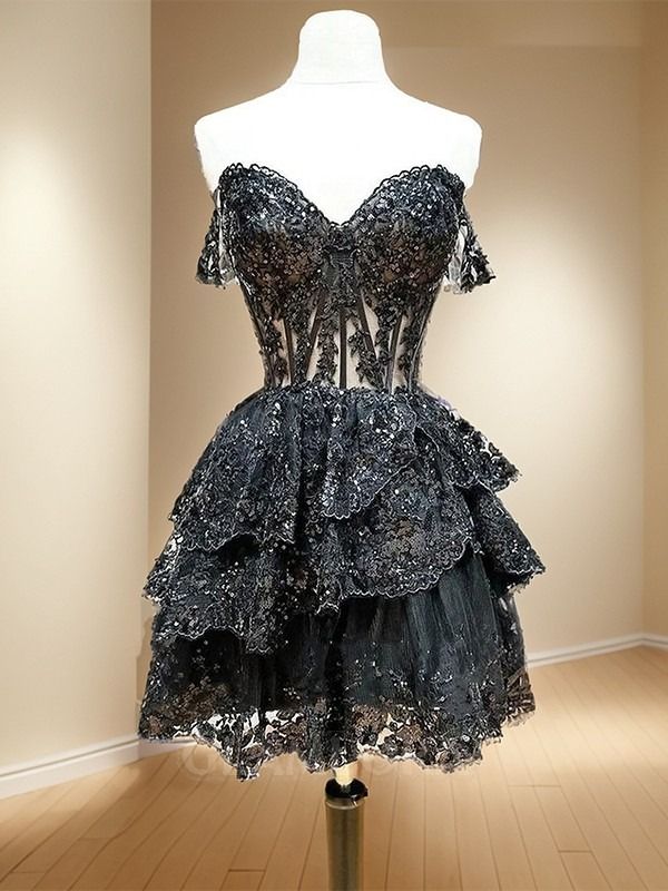 Elegante vestido de fiesta corto de tul con encaje y hombros descubiertos, vestido de regreso a casa y vestido de noche GG2345