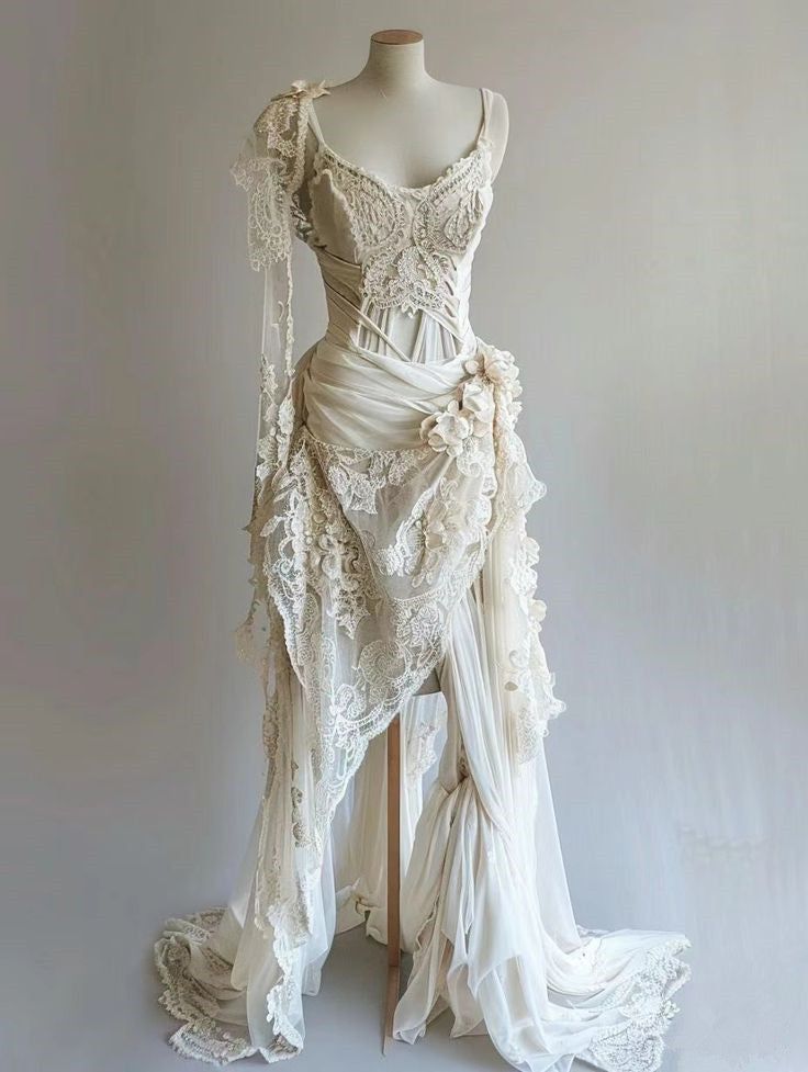 Vintage A Line Spaghetti Straps Light Ivory Chiffon Lace Long Prom Dress, Wedding Dress, Evening Dress GG2444