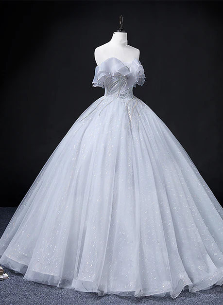 Exquisite A Line Strapless Sliver Grey Tulle Sequin Long Prom Dress,Wedding Dresses,Evening Dress GG245