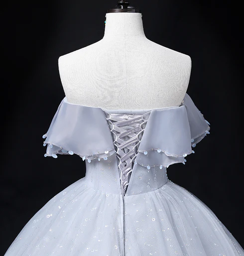Exquisite A Line Strapless Sliver Grey Tulle Sequin Long Prom Dress,Wedding Dresses,Evening Dress GG245