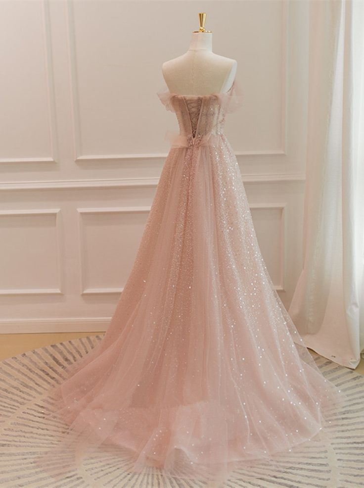 Vestido largo formal de tul con escote corazón y cuentas, corte en A, hombros descubiertos, GG255
