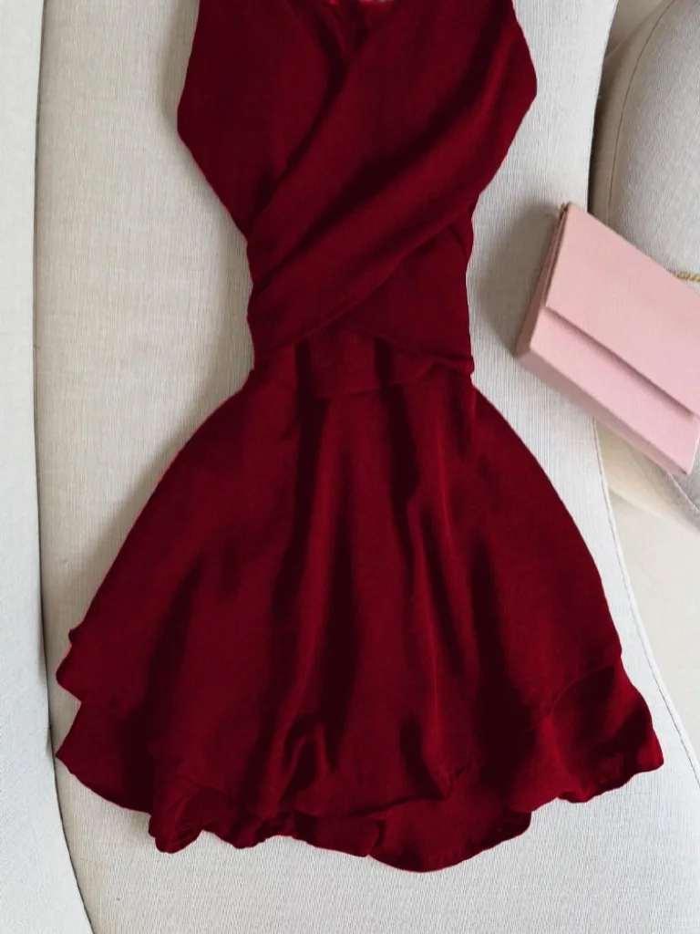 Impresionante vestido de fiesta corto de gasa burdeos con tirantes finos, corte A, para regreso a casa y cumpleaños GG2569