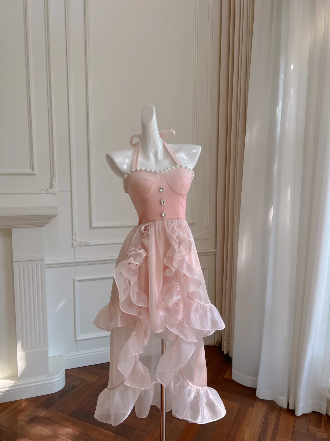 Cute A Line Halter Pink Satin Chiffon High-Low Long Prom Dress, Party Dress, Evening Dress GG2582