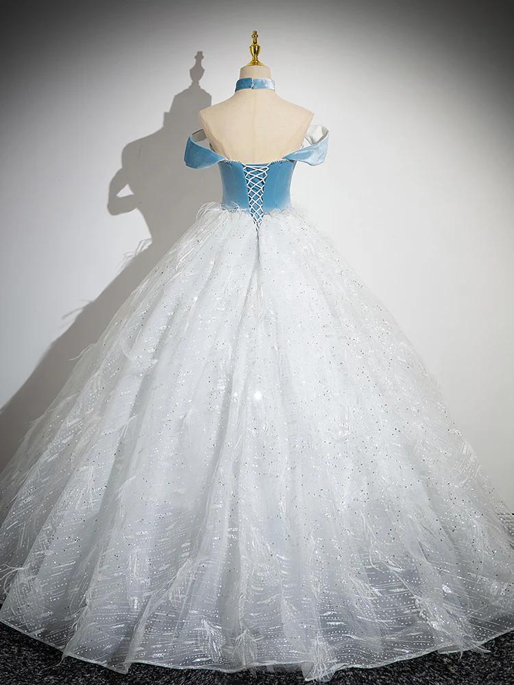 Elegante vestido de fiesta largo de tul con lentejuelas y hombros descubiertos, corte A, GG266