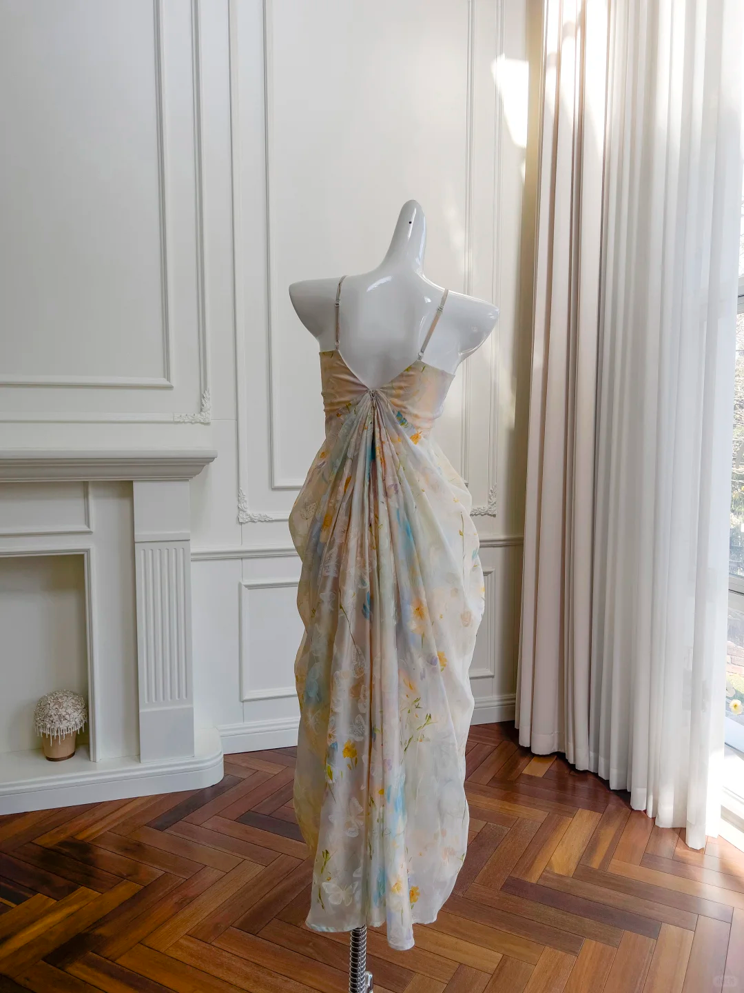 Vestido largo elegante de gasa con tirantes finos, corte A, estampado, para fiesta de graduación o de noche, GG2682
