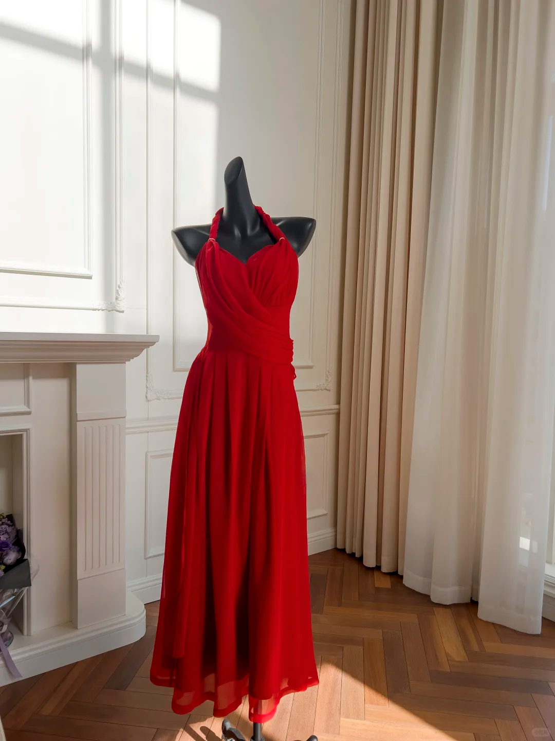 Vestido largo de gasa roja con cuello halter y corte A, elegante, para fiesta de graduación o de noche, GG2683