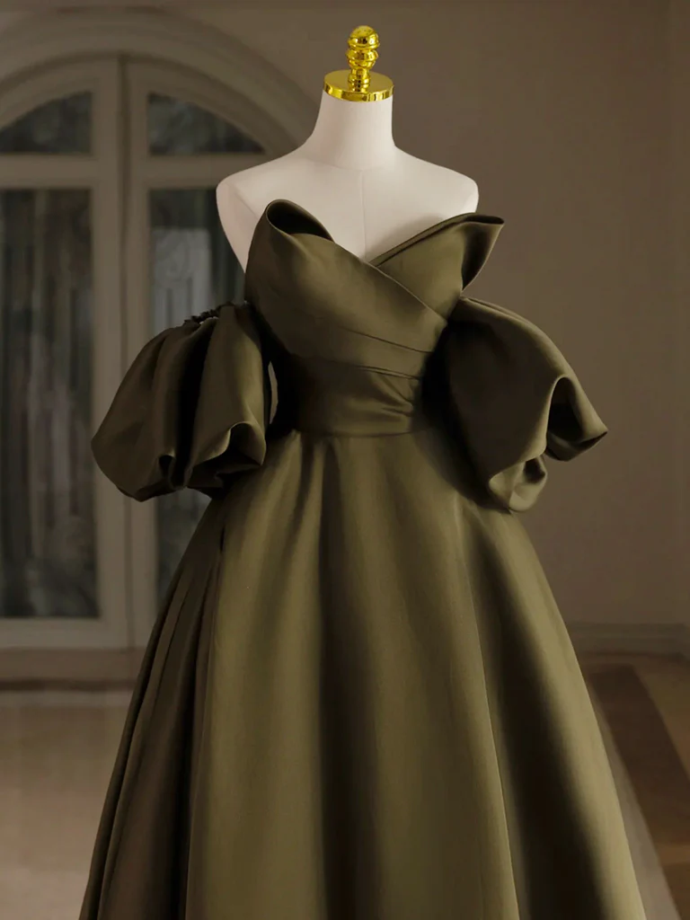 Vestidos de fiesta largos de satén verde oliva con hombros descubiertos y mangas abullonadas, corte A, GG268