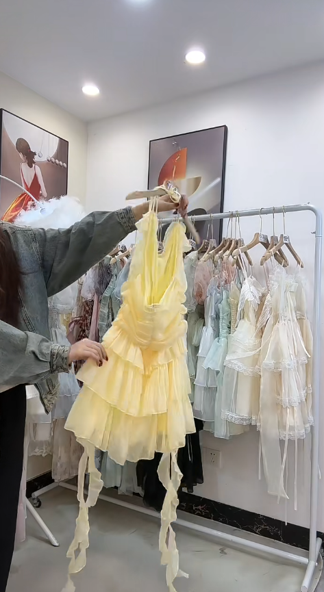 Vestido corto de gasa amarillo pastel con tirantes finos, corte A, para fiesta de graduación, fiesta de cumpleaños, GG2702