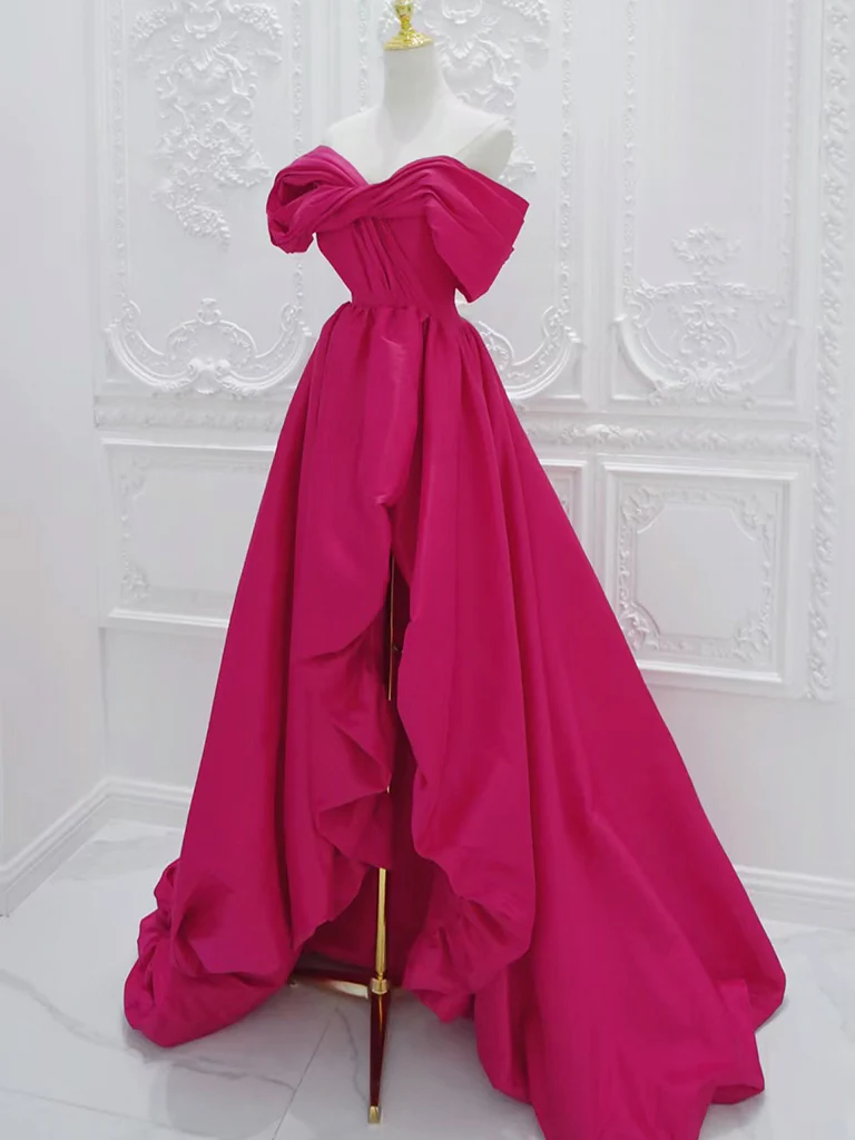 Vestido de fiesta largo sencillo de satén rojo rosa con hombros descubiertos, corte A, corte asimétrico, vestido de noche GG270