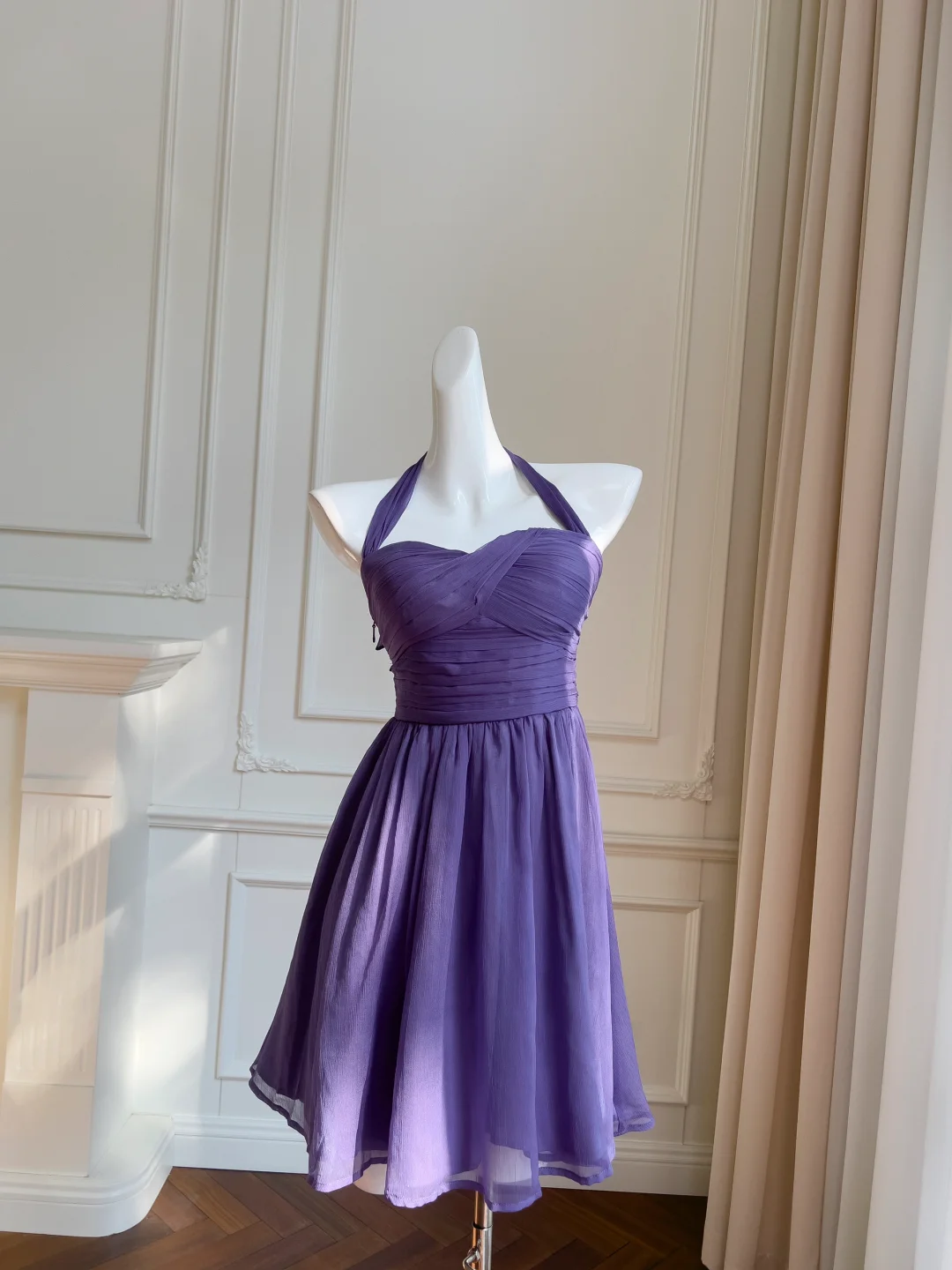 Elegante vestido de fiesta corto de gasa morada con cuello halter y corte en A, vestido de bienvenida y vestido de cumpleaños GG2720