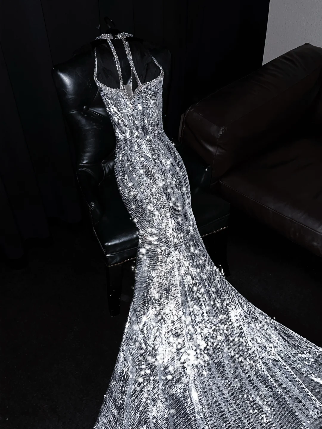 Vestido largo de fiesta, de sirena, con escote halter en V y lentejuelas plateadas, para graduación, noche o cualquier ocasión especial, GG2727