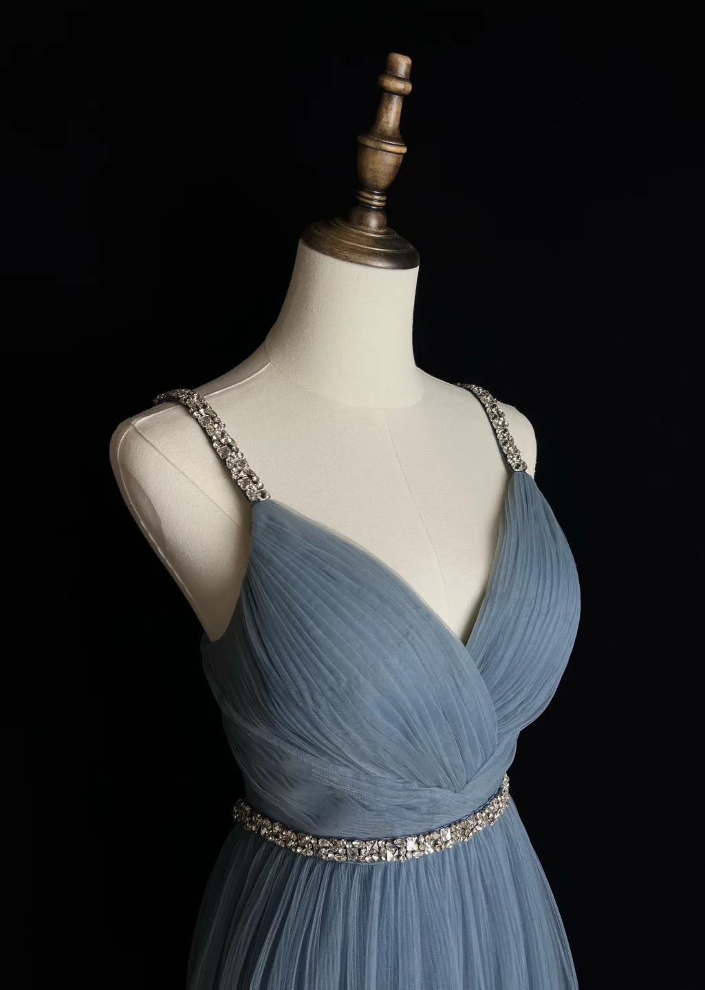 Elegante vestido de fiesta largo de tul azul grisáceo con tirantes finos en forma de A, vestido de noche GG2730