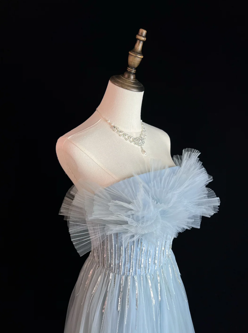 Vestido largo de fiesta, de noche, de satén, tul y lentejuelas, sin tirantes, corte A, GG2733