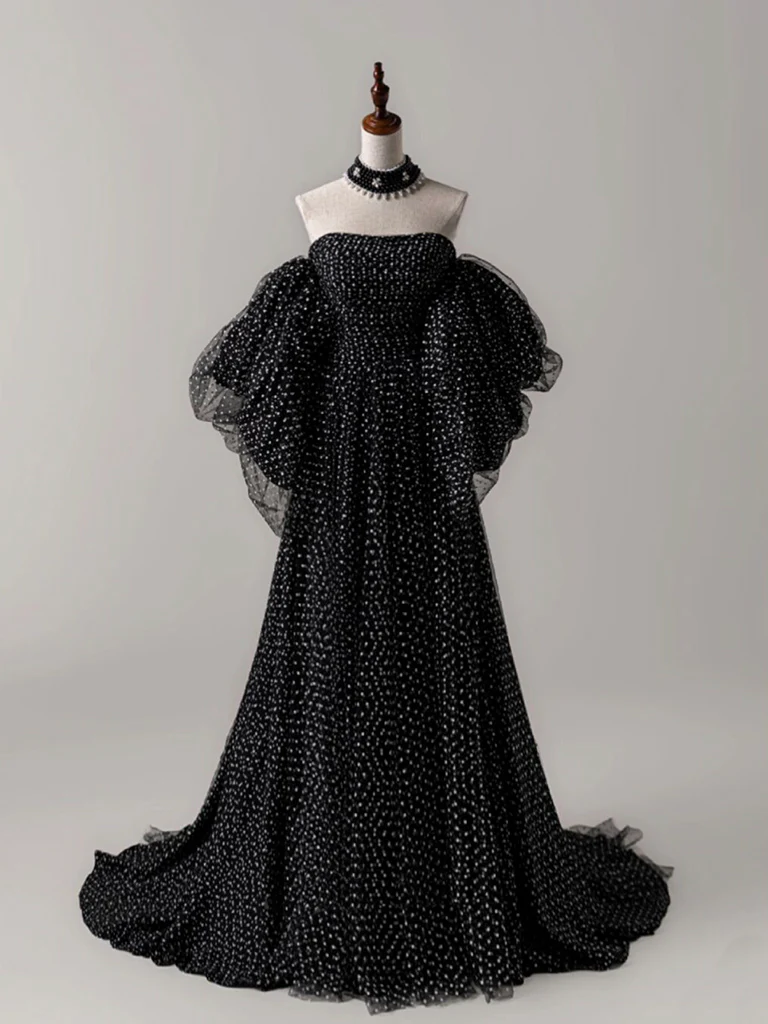 Vestido de fiesta largo elegante de tul negro con lunares, corte A, sin tirantes y hombros descubiertos, vestido de noche GG275