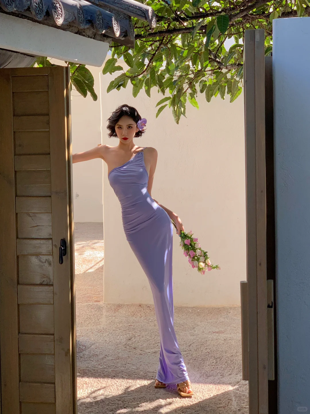 Vestido de fiesta largo de satén lila con un hombro descubierto, corte sirena, elegante, para graduación, noche, GG2761