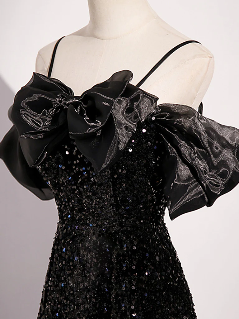 Vestido de fiesta largo de tul con lentejuelas y lazo negro, corte A, hombros descubiertos, brillante, vestido de noche GG277