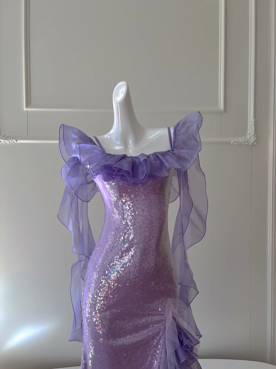 Elegante vestido de fiesta largo de gasa con lentejuelas lila y tirantes finos de sirena, vestido de fiesta, vestido de noche GG2771