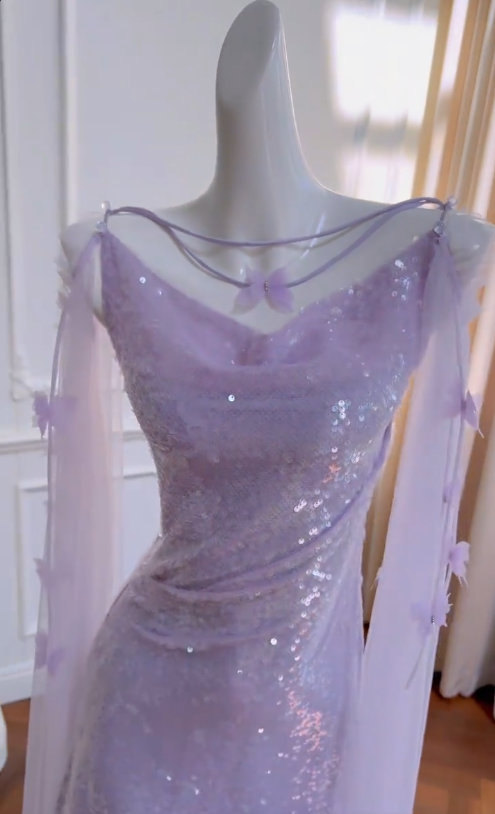 Vestido largo de tul con lentejuelas lila, escote barco y corte sirena brillante, para fiesta de graduación o de noche, GG2773