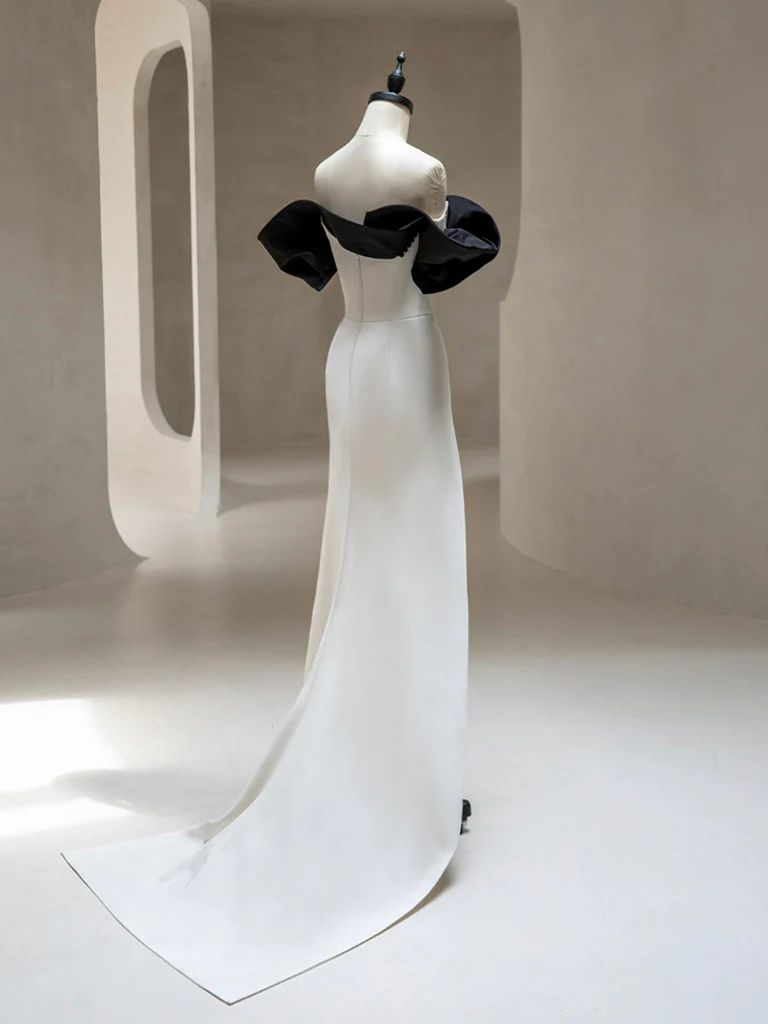Vestido de fiesta largo con abertura en satén marfil claro, corte A, hombros descubiertos, vestido de noche GG278