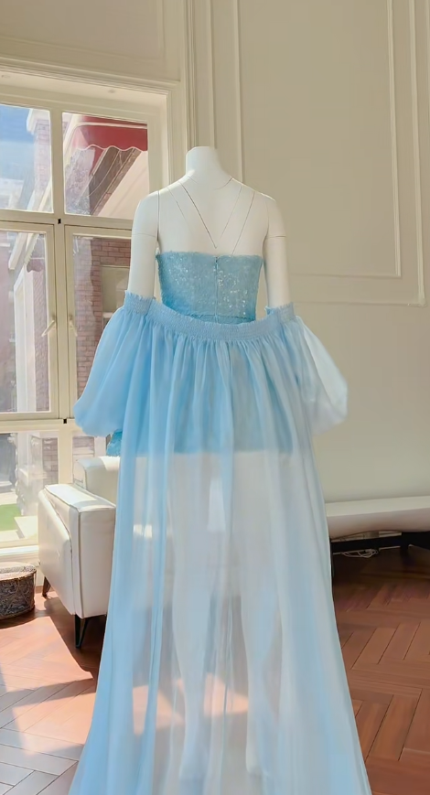 Vestido de fiesta corto azul pálido con lentejuelas y cola, sin tirantes, corte A, con purpurina, para regreso a casa y cumpleaños GG2793