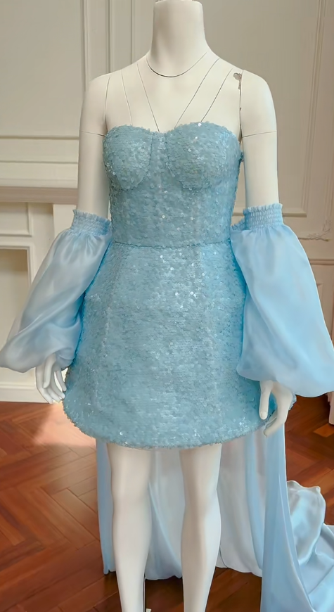 Vestido de fiesta corto azul pálido con lentejuelas y cola, sin tirantes, corte A, con purpurina, para regreso a casa y cumpleaños GG2793
