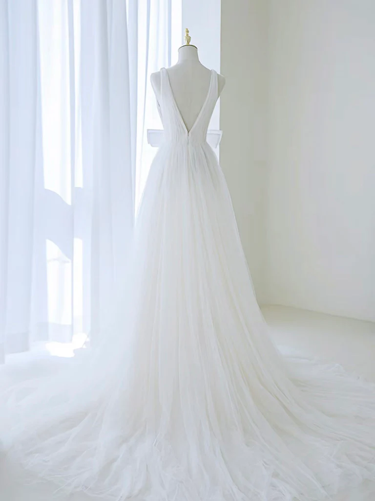 Vestido de fiesta largo blanco sencillo con escote en V, corte A y hombros descubiertos, de tul y lazo, vestido de noche GG284