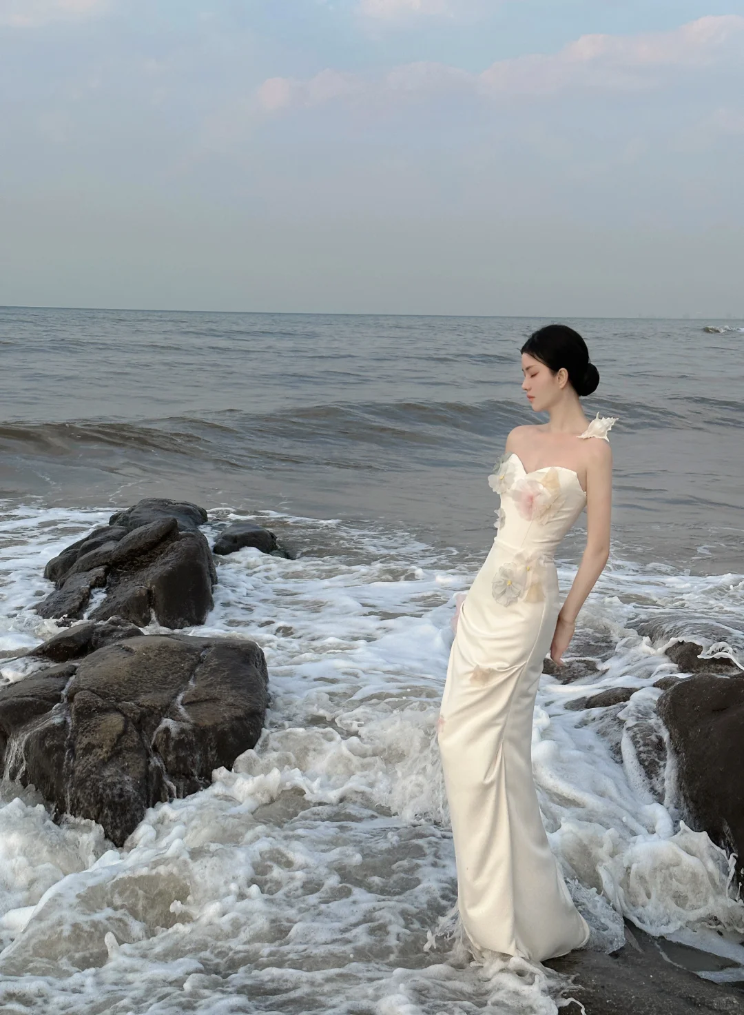 Elegante vestido de fiesta largo de satén con apliques y corte sirena, sin tirantes, para graduación, noche, GG2850