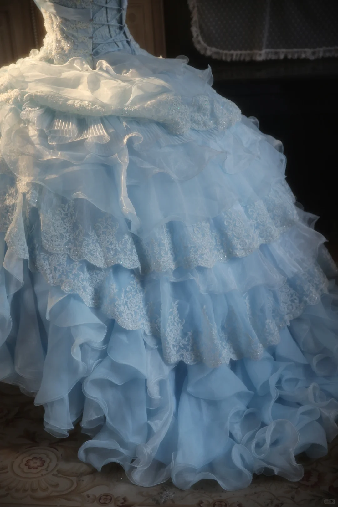 Hermoso vestido de fiesta sin tirantes de gasa azul pálido con apliques de encaje, vestido de fiesta, vestido de noche GG2876