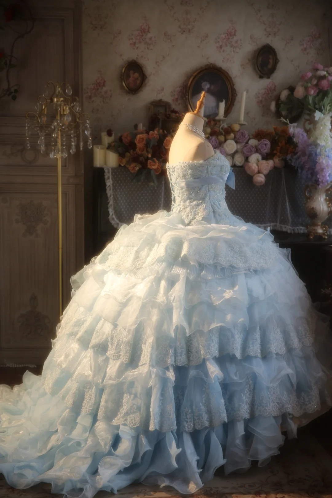 Hermoso vestido de fiesta sin tirantes de gasa azul pálido con apliques de encaje, vestido de fiesta, vestido de noche GG2876