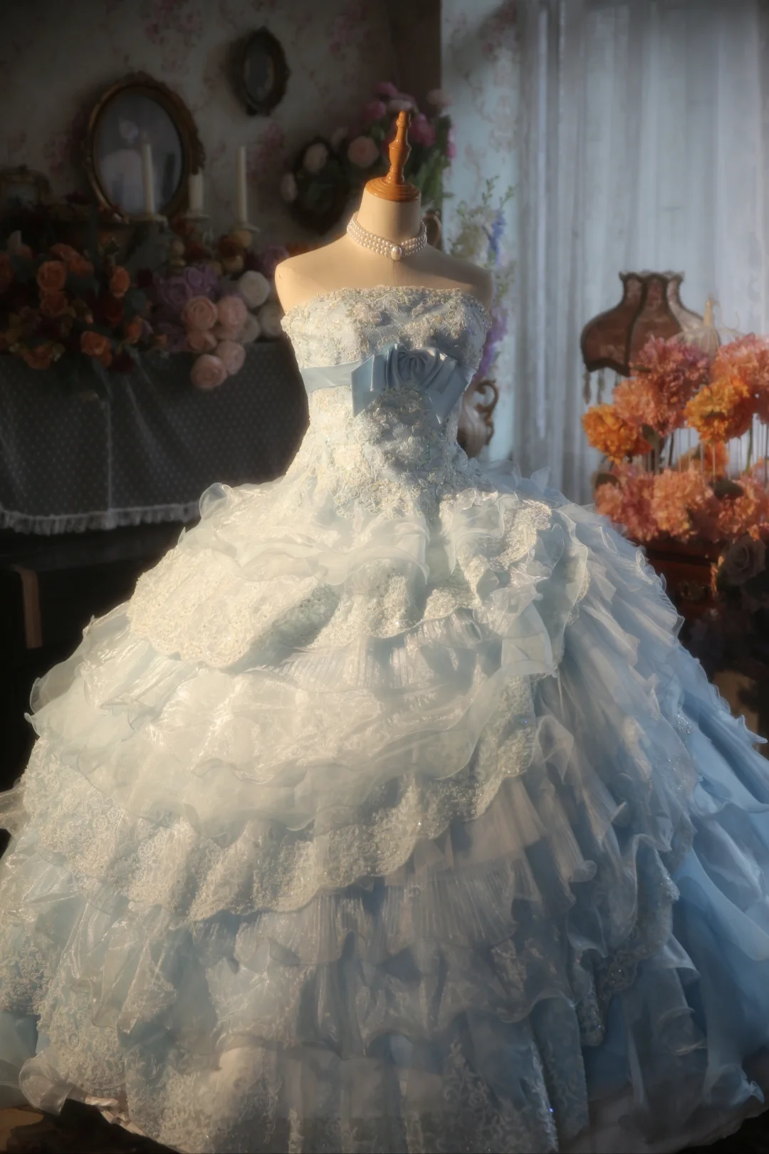 Hermoso vestido de fiesta sin tirantes de gasa azul pálido con apliques de encaje, vestido de fiesta, vestido de noche GG2876