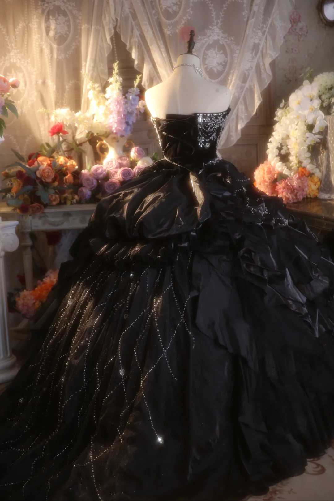 Vestido de fiesta vintage largo sin tirantes de satén negro con cuentas, vestido de fiesta, vestido de noche GG2877