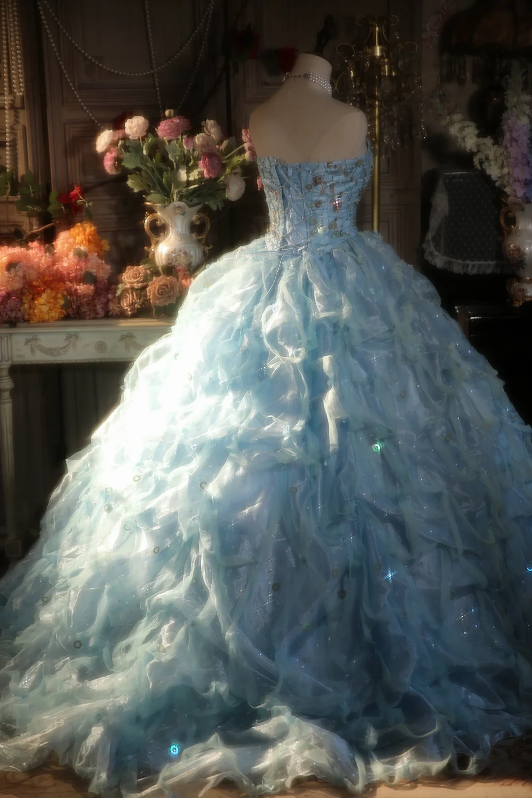 Hermoso vestido de fiesta sin tirantes de tul azul pálido, de satén, largo, para graduación, fiesta o noche GG2878