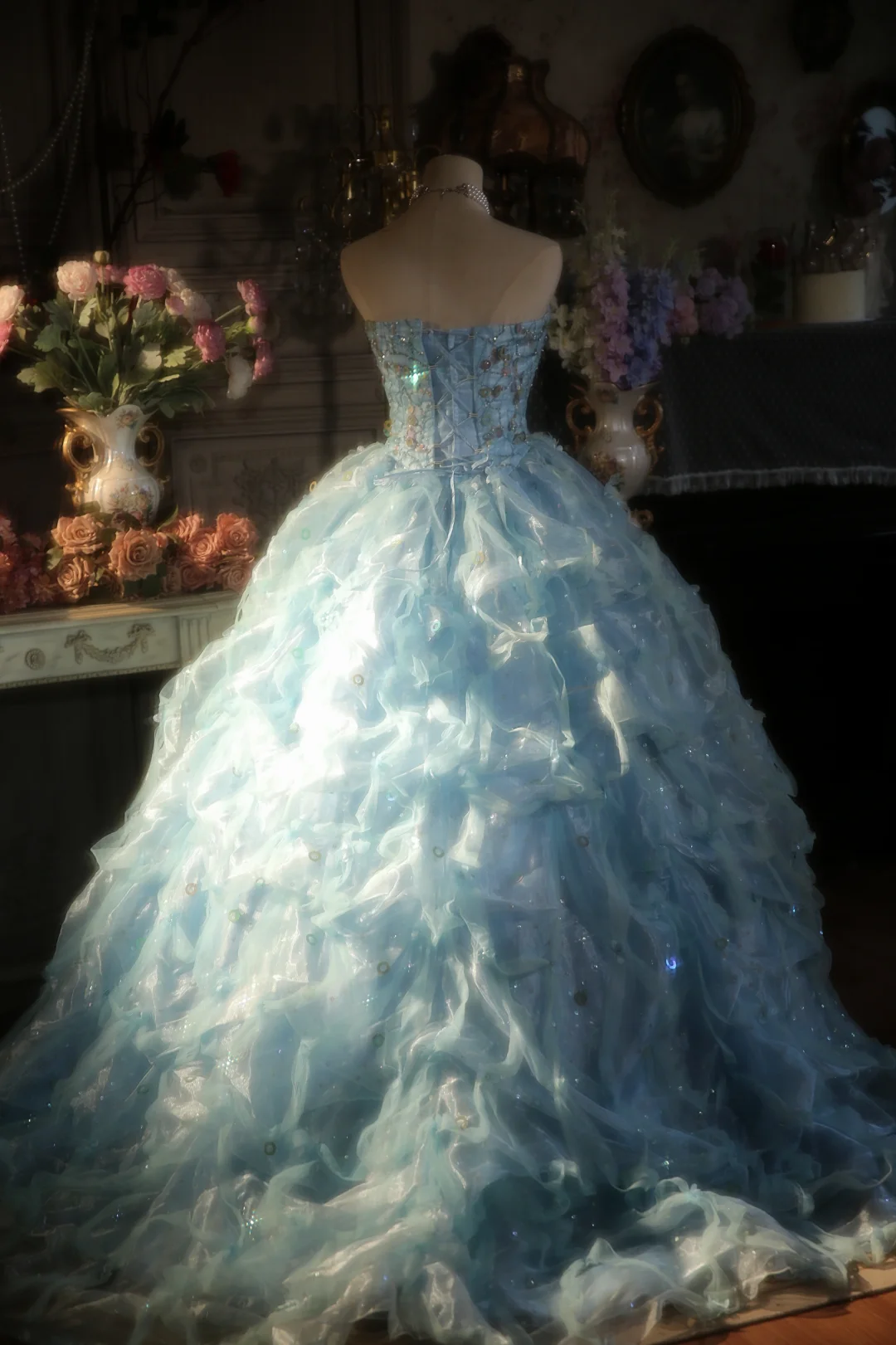 Hermoso vestido de fiesta sin tirantes de tul azul pálido, de satén, largo, para graduación, fiesta o noche GG2878