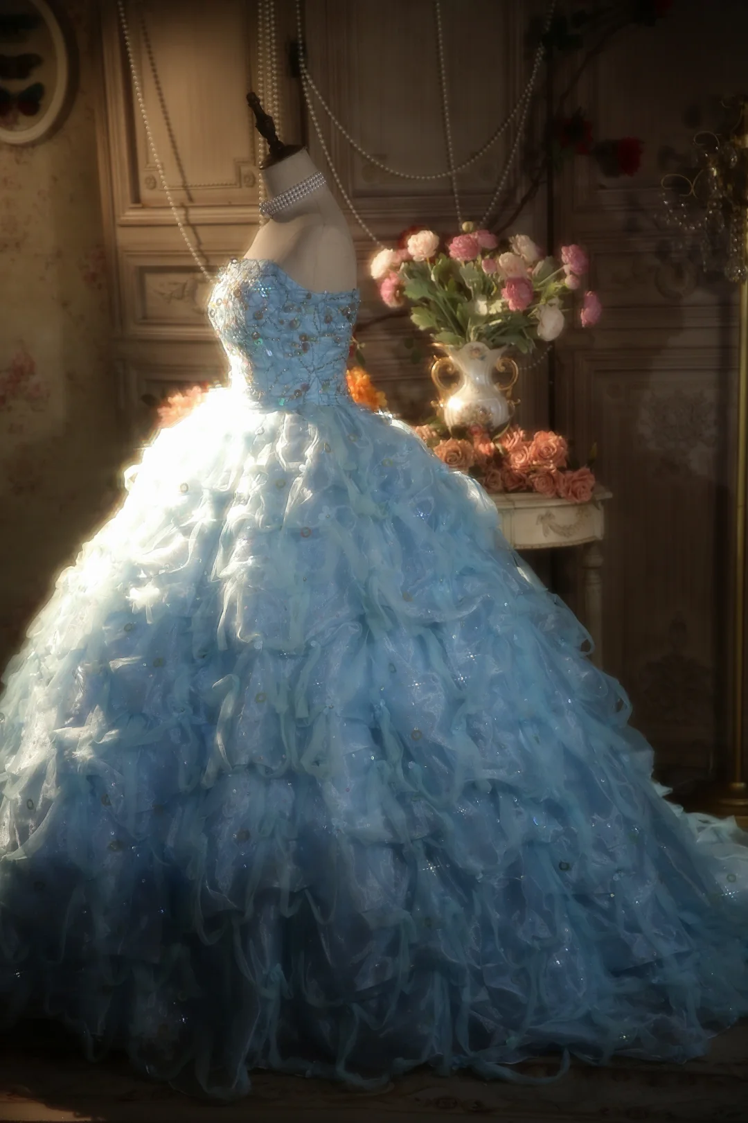 Hermoso vestido de fiesta sin tirantes de tul azul pálido, de satén, largo, para graduación, fiesta o noche GG2878
