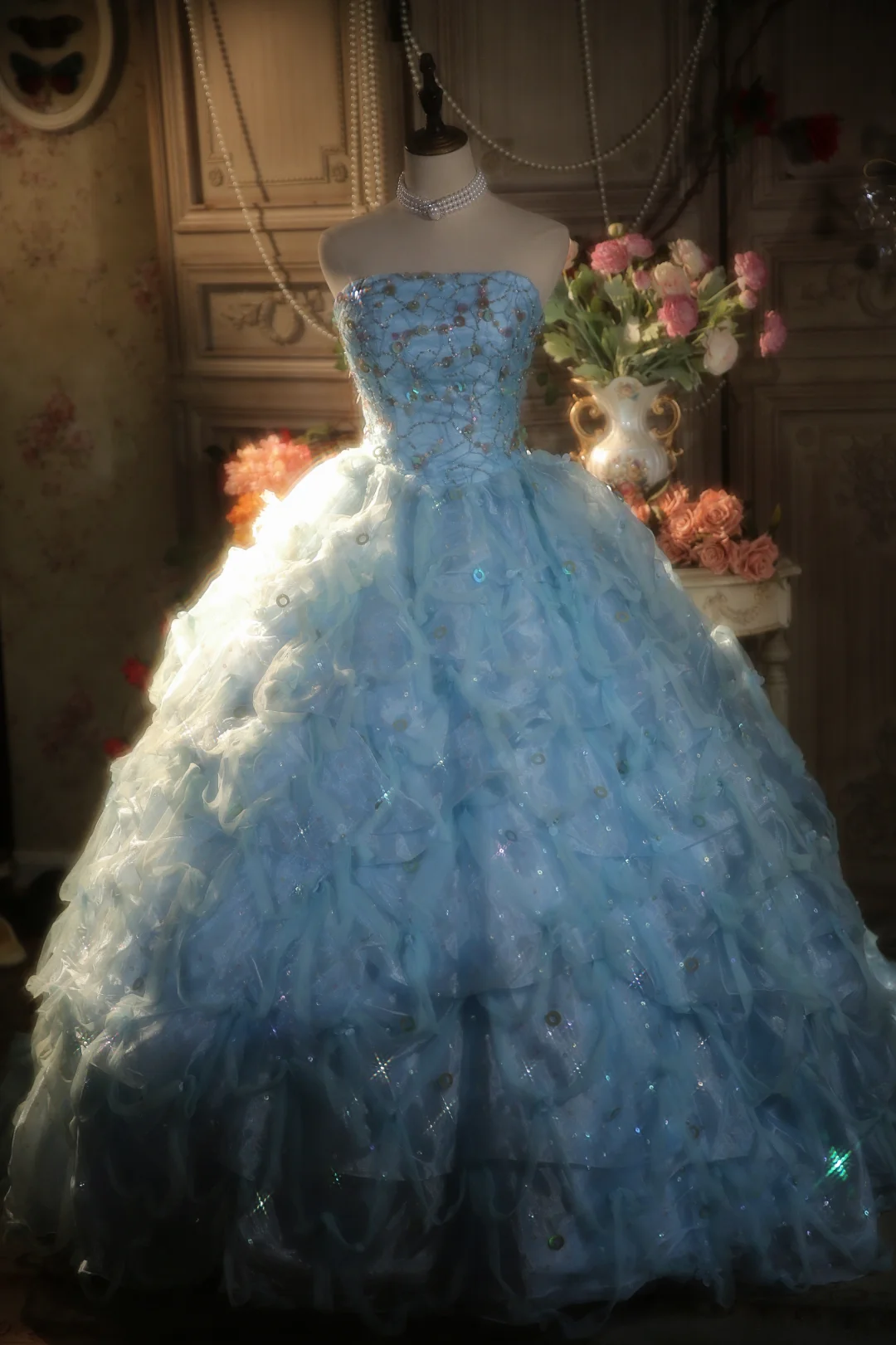 Hermoso vestido de fiesta sin tirantes de tul azul pálido, de satén, largo, para graduación, fiesta o noche GG2878