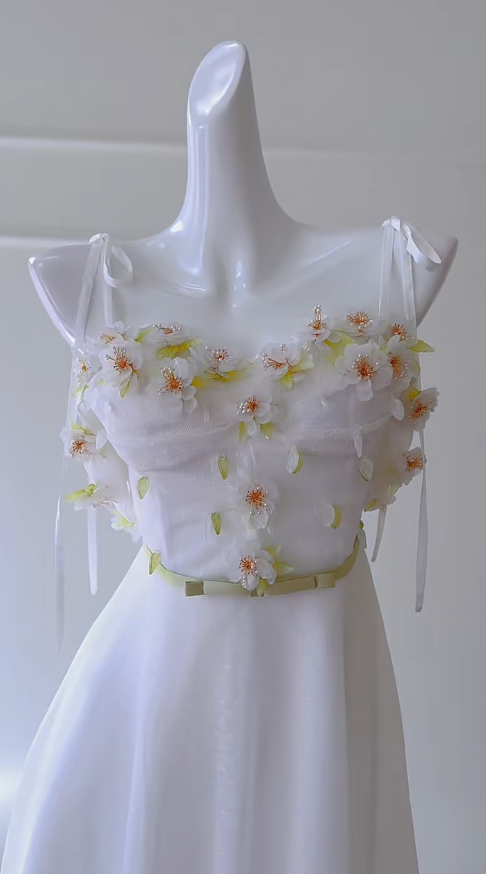 Vestido largo de fiesta, de noche y corte A con tirantes finos y apliques de tul blanco GG2898