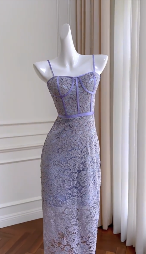 Impresionante vestido largo de sirena con tirantes finos, encaje satinado lila, para fiesta de graduación o de noche GG2906