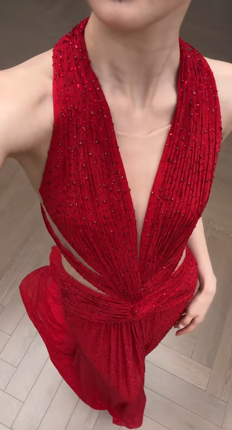Impresionante vestido de fiesta largo de sirena con cuello halter de satén rojo y cuentas, vestido de fiesta, vestido de noche GG2917