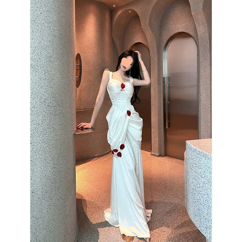 Vestido largo de fiesta, de noche y de fiesta, de satén blanco con escote corazón y apliques de sirena, GG2920