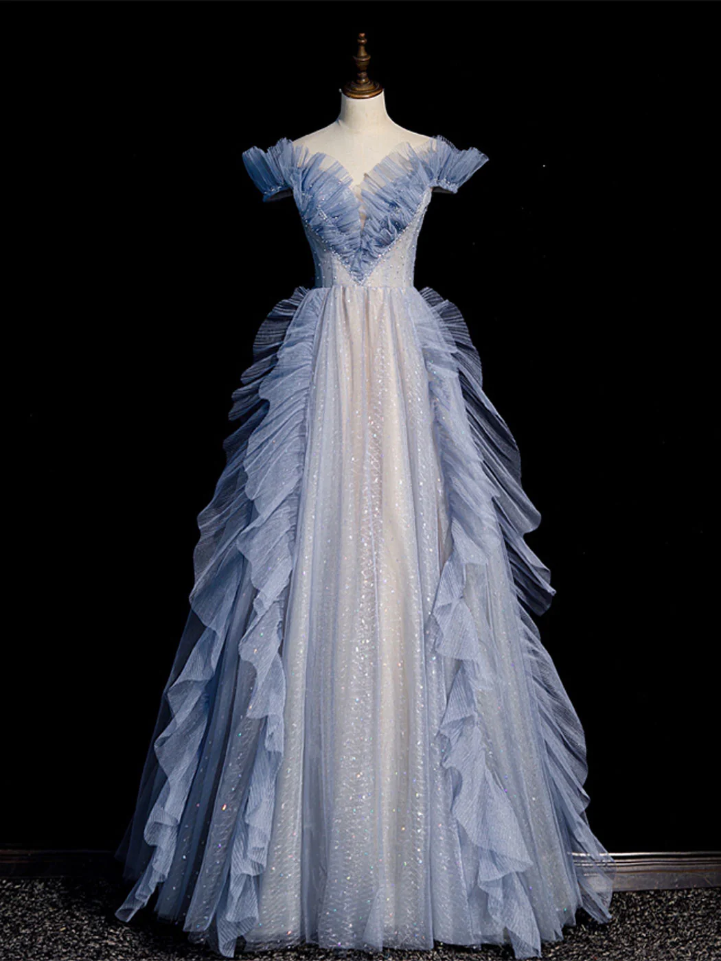 Vestido de fiesta largo elegante de tul lavanda con lentejuelas y hombros descubiertos, corte A, vestido de noche GG292