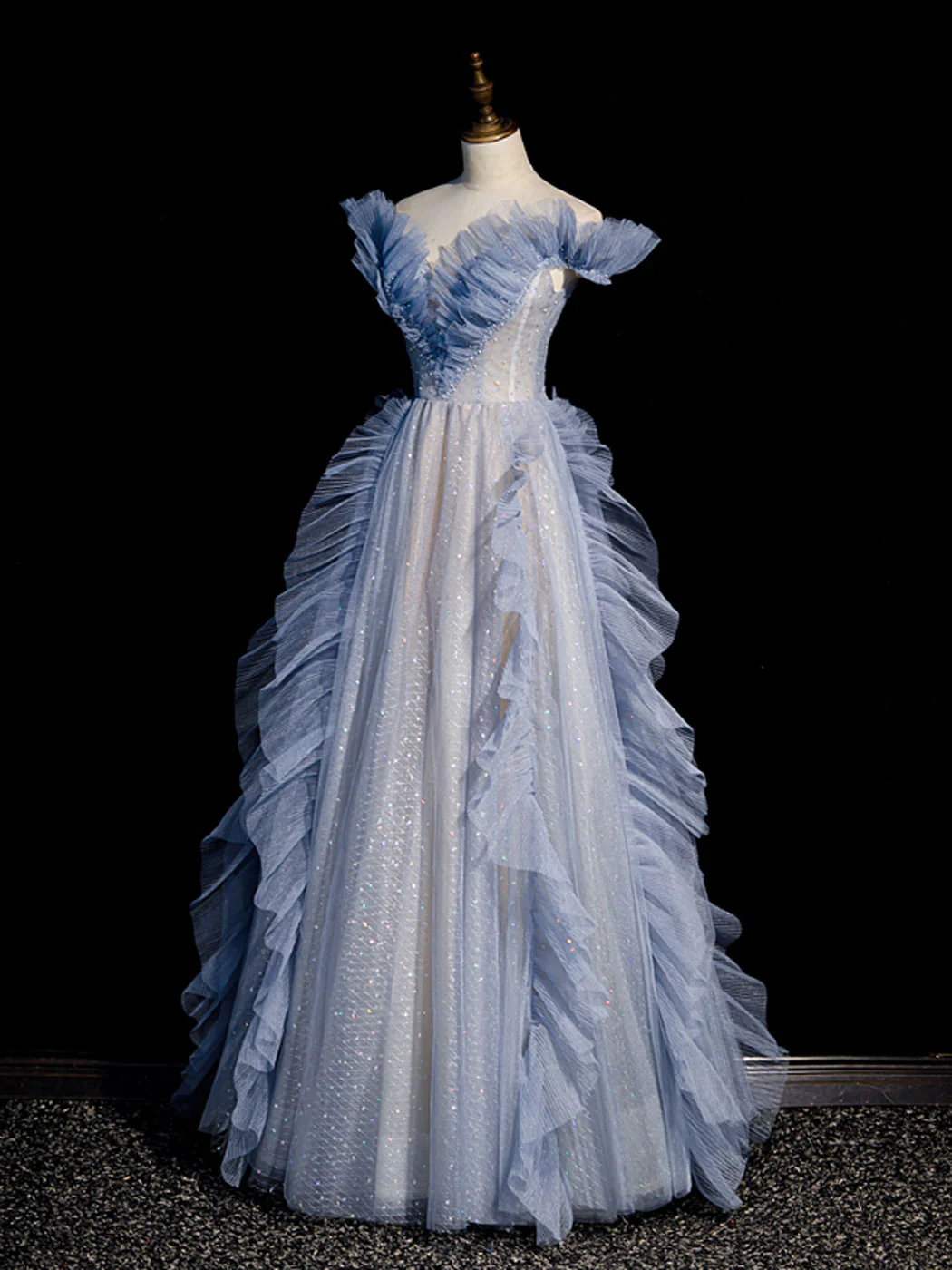 Vestido de fiesta largo elegante de tul lavanda con lentejuelas y hombros descubiertos, corte A, vestido de noche GG292