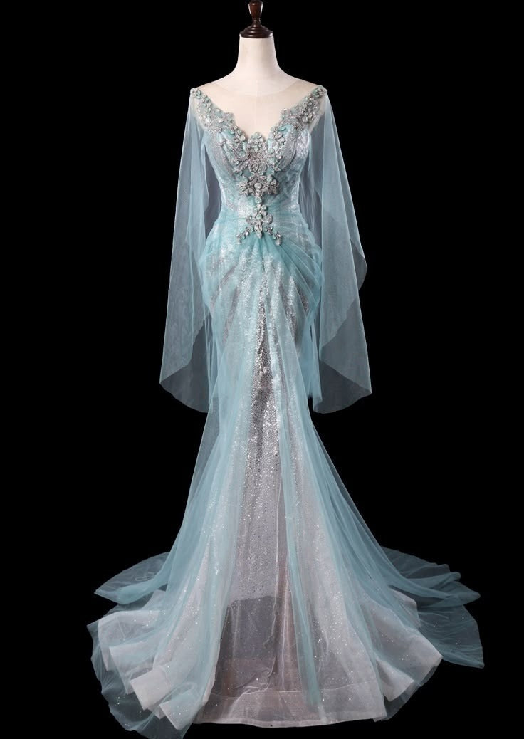 Vestido de novia largo estilo sirena vintage de tul con cuentas y espalda con cordones GG2940