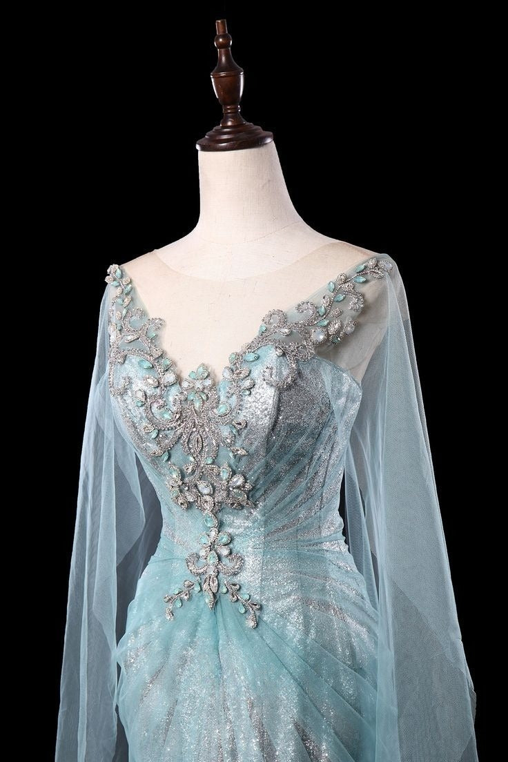 Vestido de novia largo estilo sirena vintage de tul con cuentas y espalda con cordones GG2940
