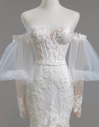 Timeless Mermaid Sweetheart Tulle Applqiue Long Sleeves Long Wedding Dress GG2941