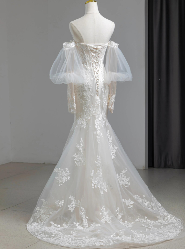Timeless Mermaid Sweetheart Tulle Applqiue Long Sleeves Long Wedding Dress GG2941