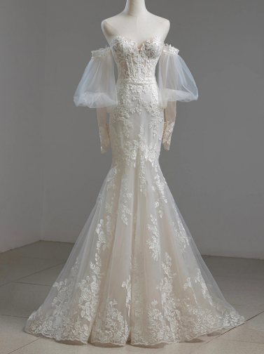 Timeless Mermaid Sweetheart Tulle Applqiue Long Sleeves Long Wedding Dress GG2941